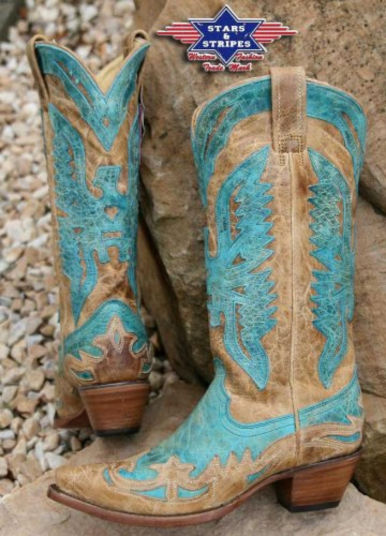 Stars & Stripes Westernstiefel Cowboystiefel Damen "WBL-11" beige / t&uuml;rkis langer Schaft 36 bis 41 